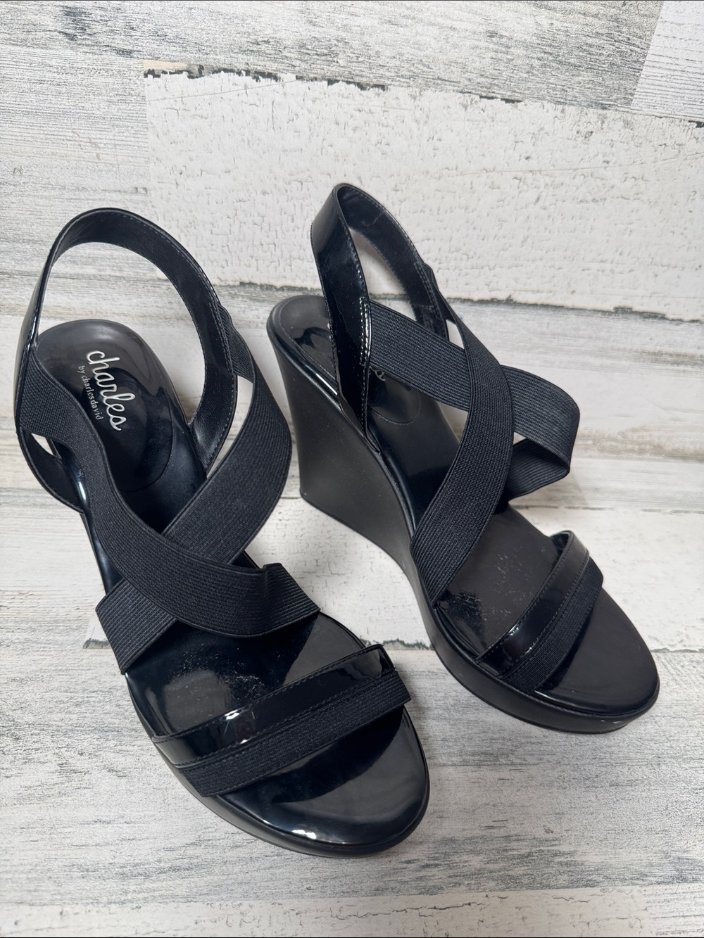 CHARLES DAVID Ferry Black 4”‎ Platform Stretch Elastic Strappy High Heel Sandals